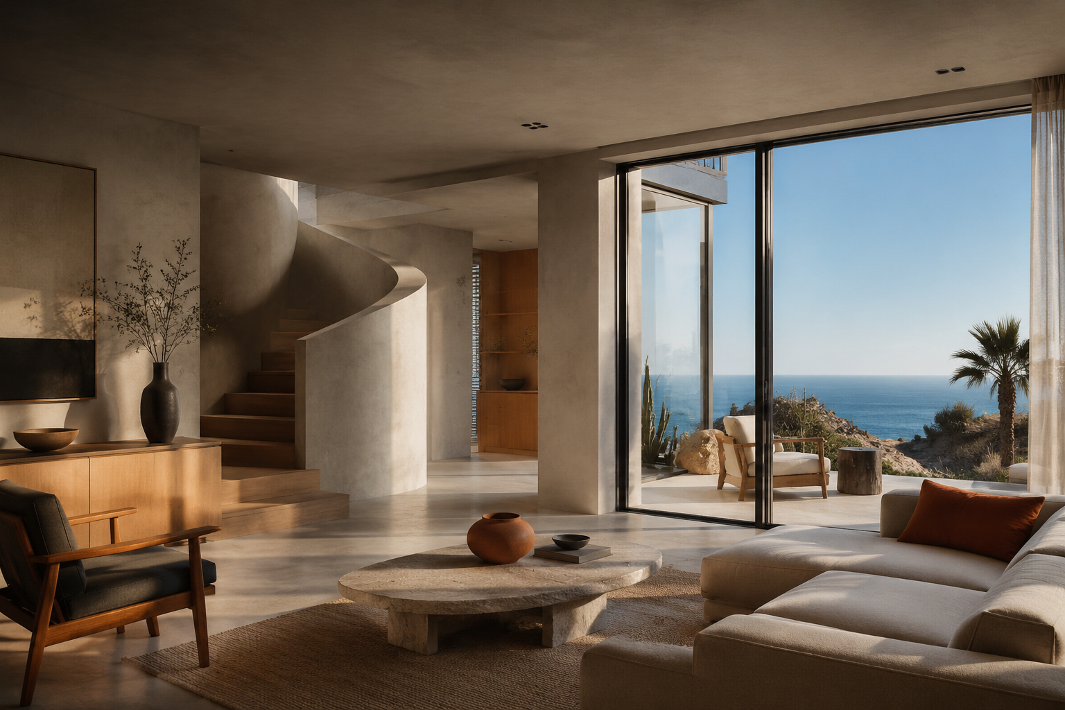 Interior mediterráneo reformado con vistas al mar; imagen conceptual de demostración